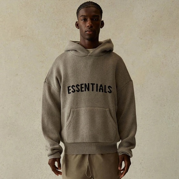 Essentials Knit Logo Hoodie Pullover Black & Taupe Size XS